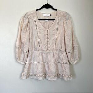 NWOT Lassiter | Cream Peplum Tiered Pom Top | Size Small